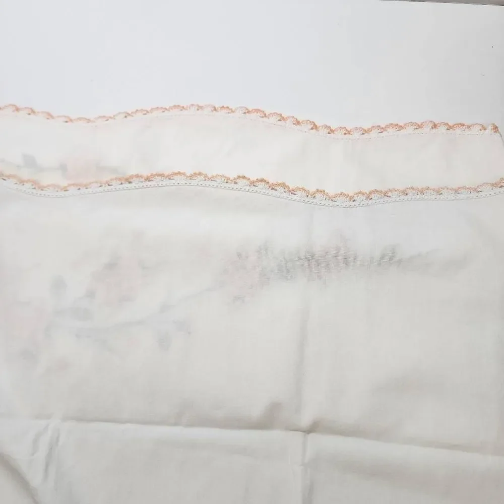 2 Vintage Matching White Pillowcases with Crocheted Edges and Embroidery